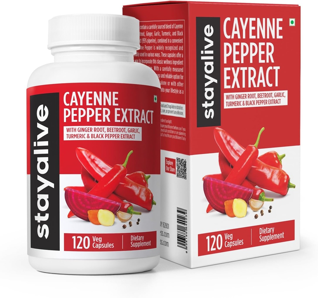 StayAlive Cayenne Capsules de poivre 960mg Super extrait avec gingembre, ail, curcuma, racine de betterave, poivre noir, 120 capsules Cayenne, support cardiovasculaire et système immunitaire, pilules de supplément de capsaicine