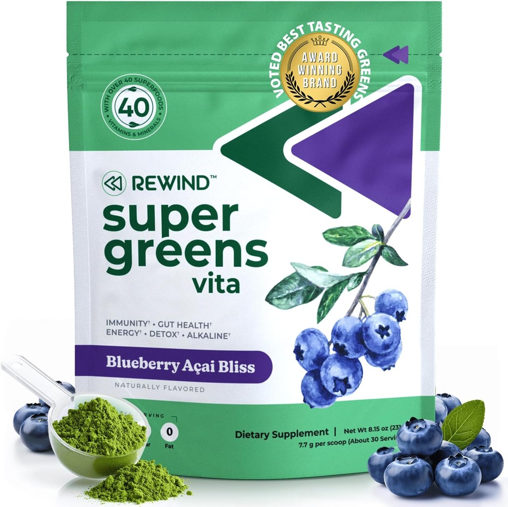 Meilleures Dégustation de poudre Super Greens avec 40+ Superfoods – Delicious Daily Green Powder with Vitamine B12, Zinc, Vitamine C, Magnésium et Calcium – Mélange de jus vert Superfood - Blueberry Acai Flavor