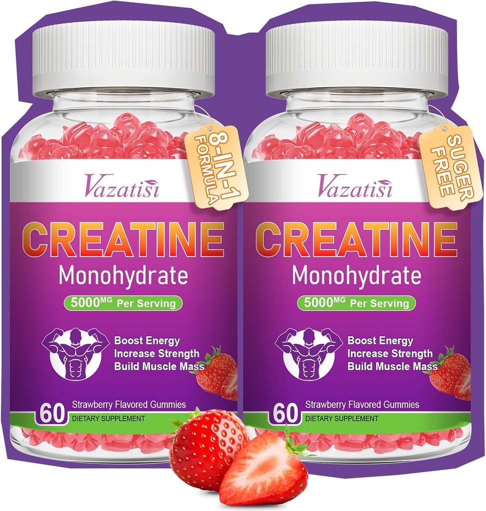 2 Pack de crème monohydratée Gommies pour les femmes et les hommes, supplément végétalien sans sucre pour construire des muscles, augmenter l'énergie et la force, fraise naturelle, 120 comte