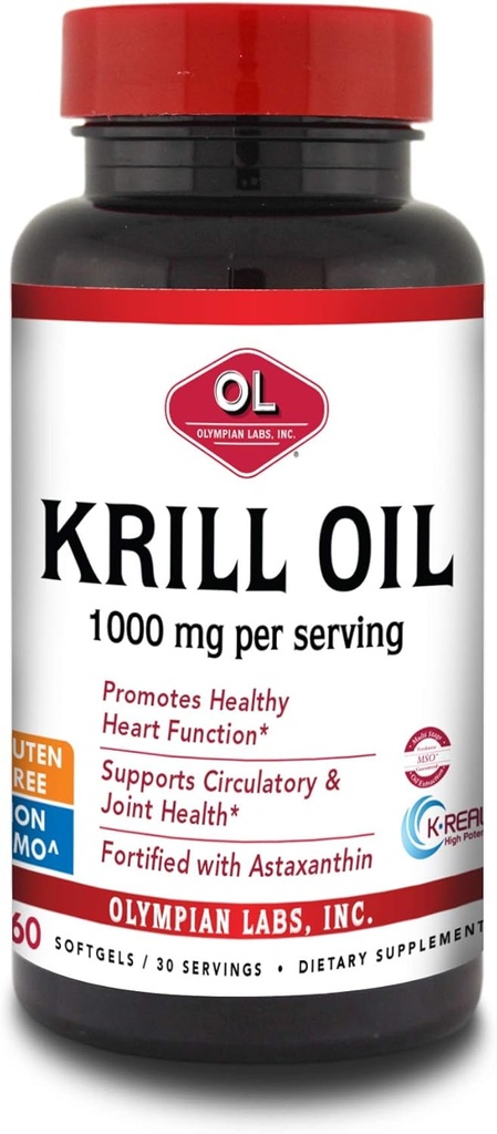 Olympians Labs Antarctic Krill Oil, 1000mg Caps avec Astaxanthin, Omega-3, EPA, DHA, Immune, Joint & Cerveau Support, 60 Softgels