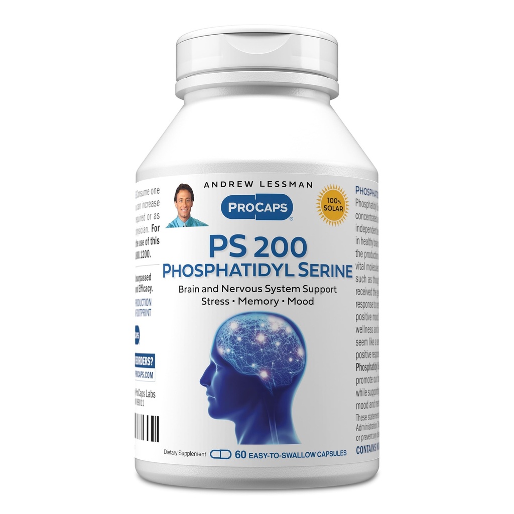 ANDREW LESSMAN PS 200 Phosphatidyl Serine 60 Capsules - Soutient la clarté mentale, l'humeur positive, la mémoire, la fonction cognitive. Essentiel pour la production et la libération de neurotransmetteurs. Aucun additif