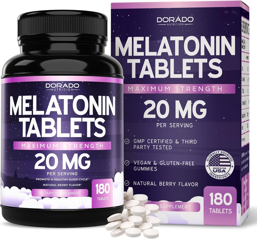 Mélatonine 20mg Comprimés pour adultes (180 Nombre) - Dissolve rapide avec 20mg de mélatonine par comprimé - haute puissance, sans gluten, non-OGM, végétalien - mélange d'arôme de baie - approvisionnement en vrac - États-Unis Fabriqué