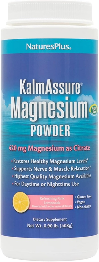 NaturesPlus KalmAssure Magnésium Poudre - 0,9 lb - Limonade rose Saveur - Supporte la relaxation nerveuse et musculaire - Non-OGM, sans gluten, végétalien - 60 portions