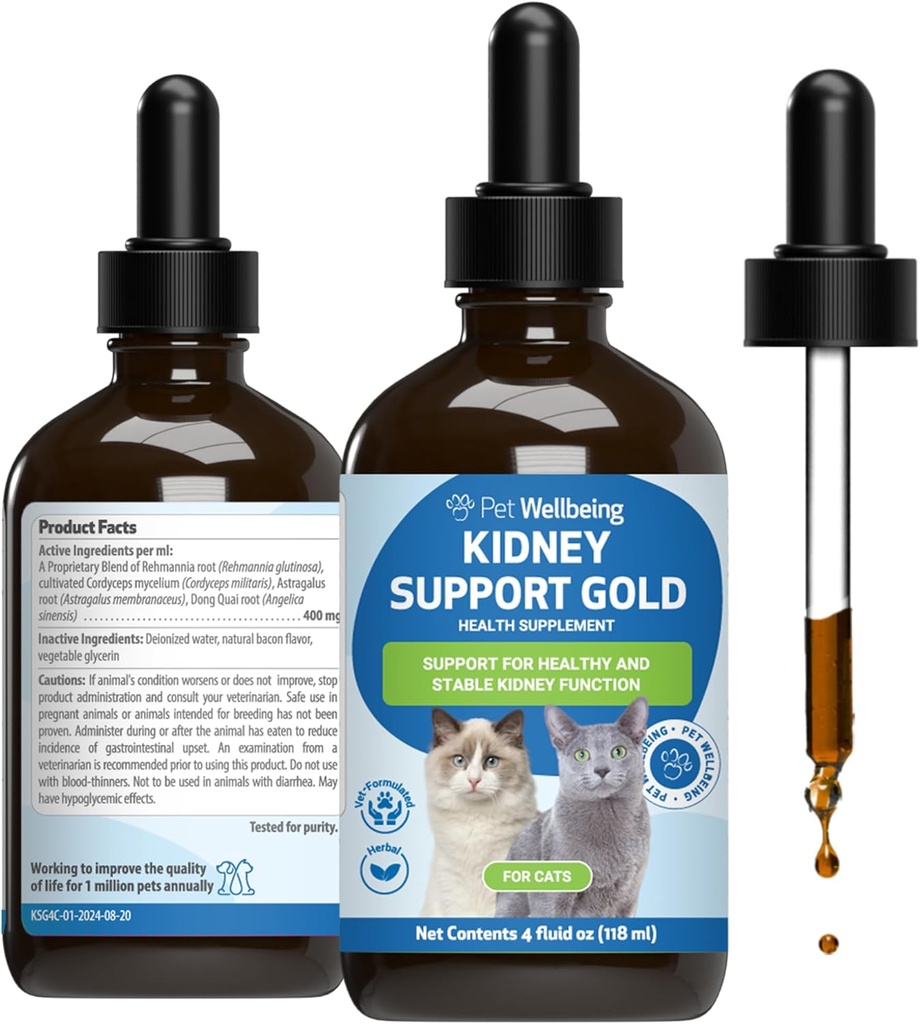 Animaux de compagnie Bien-être Rein Support Or pour les chats - Soutiens Fonction rénale saine, Balance des fluides, Niveaux d'énergie, Rehmannia, Dong Quai - Vétérinaire-formulé supplément à base de plantes 4 oz (118 ml)