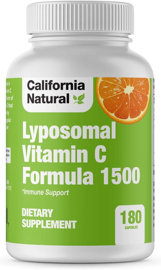California Natural Liposomal Vitamine C 1500mg Fat Soluble Liposomal Vitamine C Complexe, Absorption élevée, Soutien immunitaire, Support de collagène haute biodisponibilité, Supplément antioxydant - 180 Capsules
