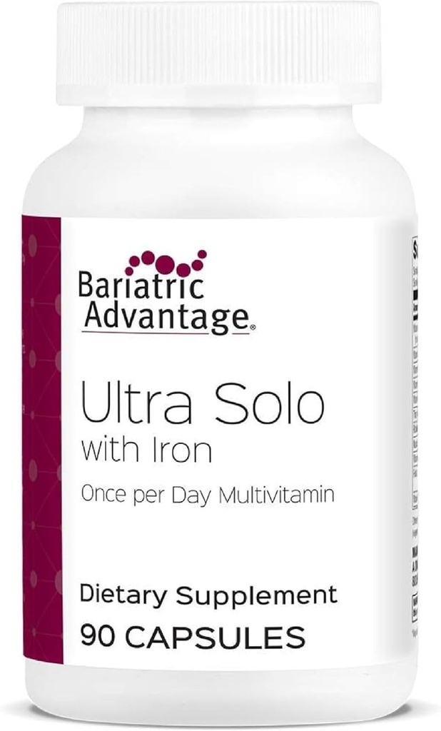 Bariatric Advantage Ultra Solo with Iron - Once-Per-Day Daily Multivitamin - for Bariatric Patients - with Thiamin, Vitamin A & More - Gluten Free - 90 Capsules
