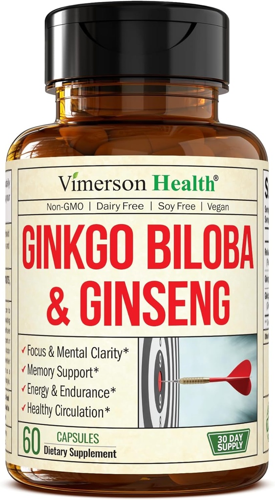 Suppléments asiatiques Ginseng et Ginkgo Biloba – Extrait Panax Ginseng 700mg + Ginko Biloba 720mg – Supplément Cerveau Nootropique pour mémoire, focus et énergie soutenue – 60 Capsules faciles à avaler