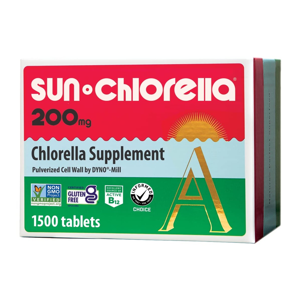 Sun Chlorella 200 mg Supplément superaliment des algues vertes - Mur cellulaire pulvérisé - Chlorophylle, CGF, B12 actif, Fer, Protéines - Non-OGM - 1500 Comprimés