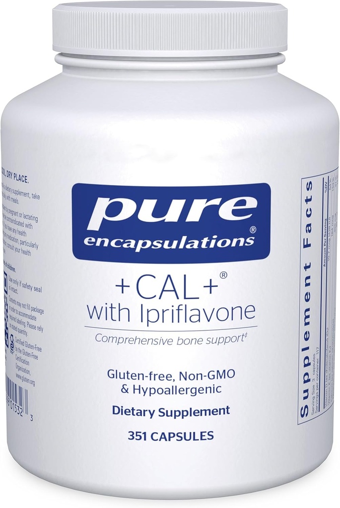 Encapsulations pures +Cal+ avec Ipriflavon.com supplément minéral, vitamine et à base de plantes pour promouvoir la force squelettique.