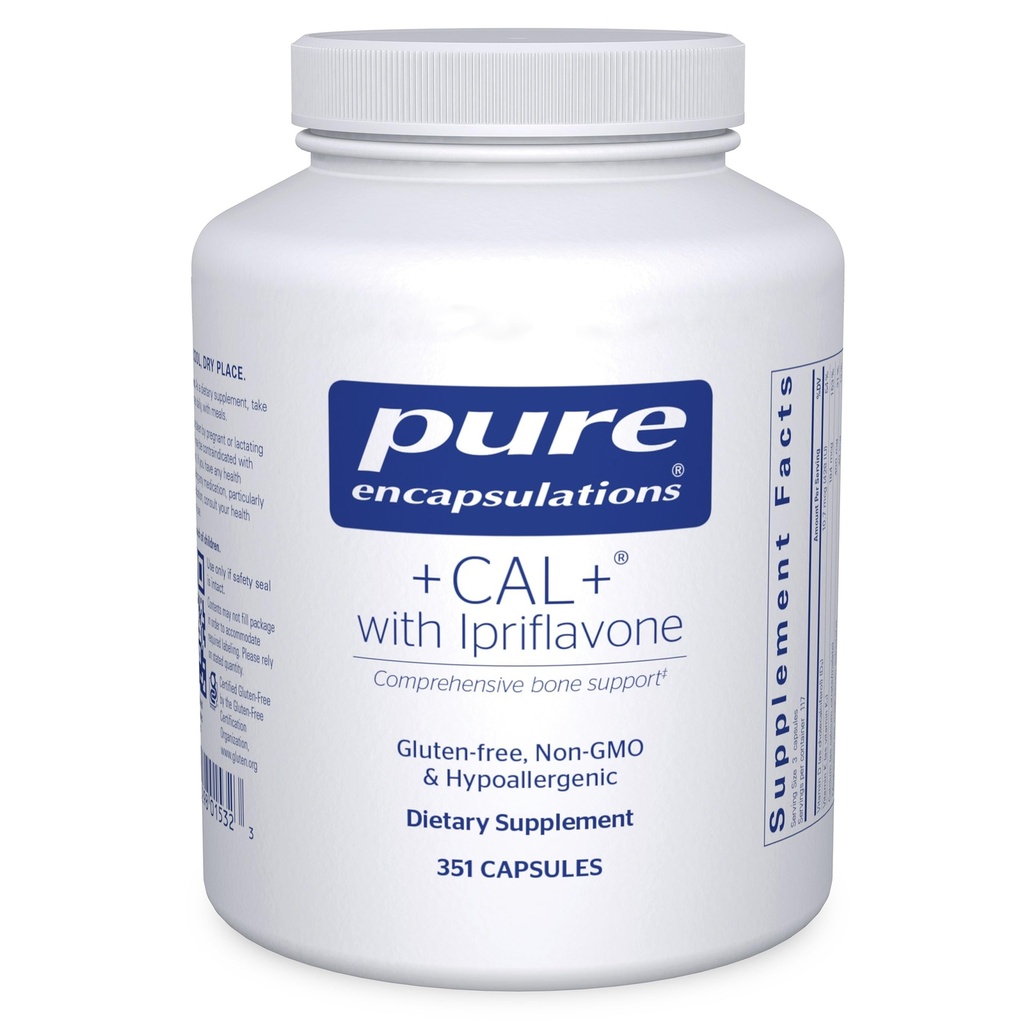 Encapsulations pures +Cal+ avec Ipriflavon.com supplément minéral, vitamine et à base de plantes pour promouvoir la force squelettique.