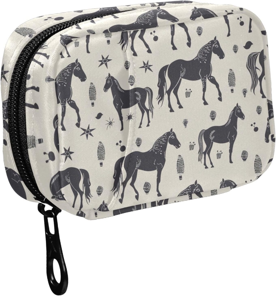 Fustylead Black Horse Silhouette et divers éléments décoratifs Pillet Organisateur pour la Purse, Pill Box portable hebdomadaire avec fermeture éclair pour stocker les vitamines Huiles de poisson Médicaments Suppléments