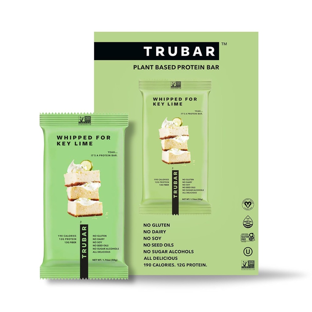 TRUBAR Barre de protéines végétaliennes, fouettée pour la chaux clé, sans gluten, à base de plantes, haute fibre, sans lait, faible teneur en gras, non OGM, sans alcools de sucre, 12G Protéines maigres, 13G fibre, barres de snack santé, 12 CT