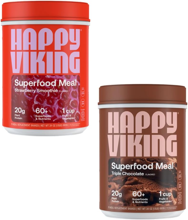 Happy Viking Chocolate and Strawberry Powder, de Venus Williams, 20G Protein, Low Carb, Keto, Vegan, Sans gluten, Superfoods, Remplacement complet des repas, 2 conteneurs (24 oz. Chacun)