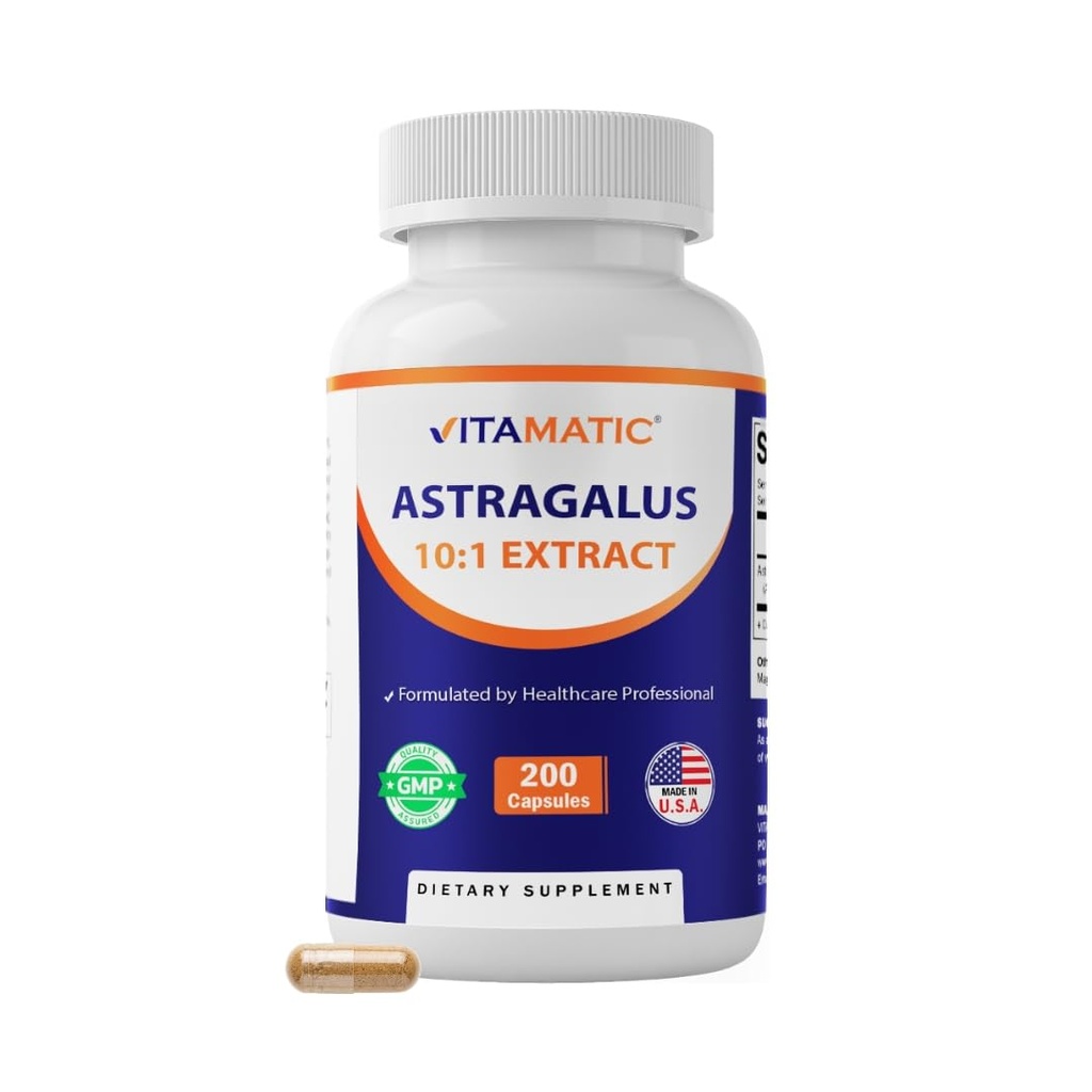 Capsules Vitamatic Astragalus 200 gélules - 10:1 Extrait d'Astragalus 500mg - Non-OGM, sans gluten