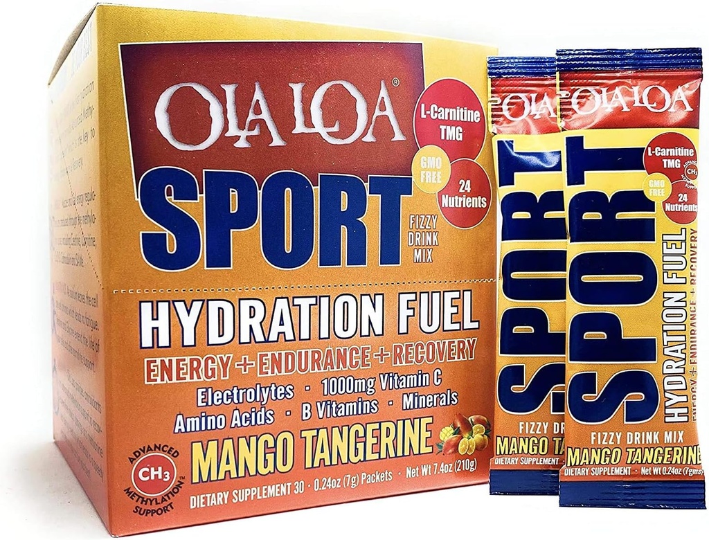 Ola Loa Sport Mango Tangerine Mélange de boissons hydratantes de sport tout naturel - énergie, acides aminés, électrolytes, vitamine C, vitamine B, sans gluten, végétalien - buvez vos vitamines - 30 paquets (7.4oz)