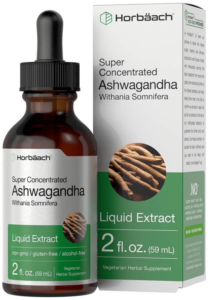 Horbäach Ashwagandha Liquid Drops (Drops liquides) 2 Fl Oz (Extrait de teinture pour les femmes et les hommes) Supplément sans alcool (Sommnifera Root)