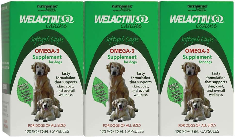 Nutramax Welactin Omega-3 Huile de poisson Peau et Coat Supplément de santé liquide pour chiens - 3 Pack, 360 Total Softgels