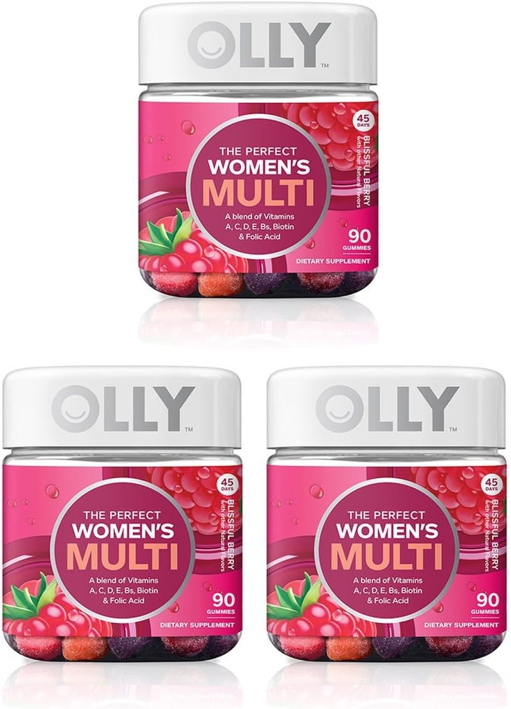 Supplément gommy multivitamine pour femmes Olly Perfect, avec biotine et acide folique, baies agréables, 90 comtes (45 jours d'approvisionnement), 3 paquets