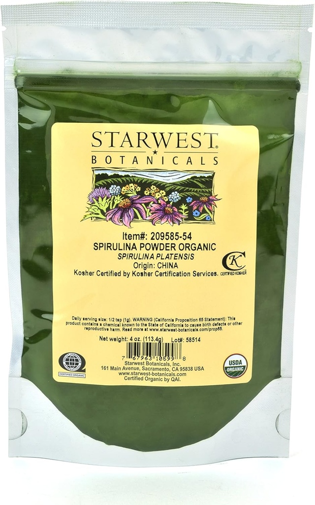 Starwest Botanicals Poudre de spiruline biologique, 4 onces