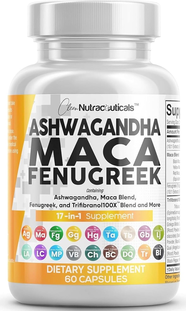 Nettoyer les nutraceutiques Ashwagandha Maca Racine Fenugreek Supplément avec Tongkat Ali Ginseng - Aide au stress, à l'humeur et à la thyroïde - Capsules Ashwagandha Fenugreek Caps - 1 Pack