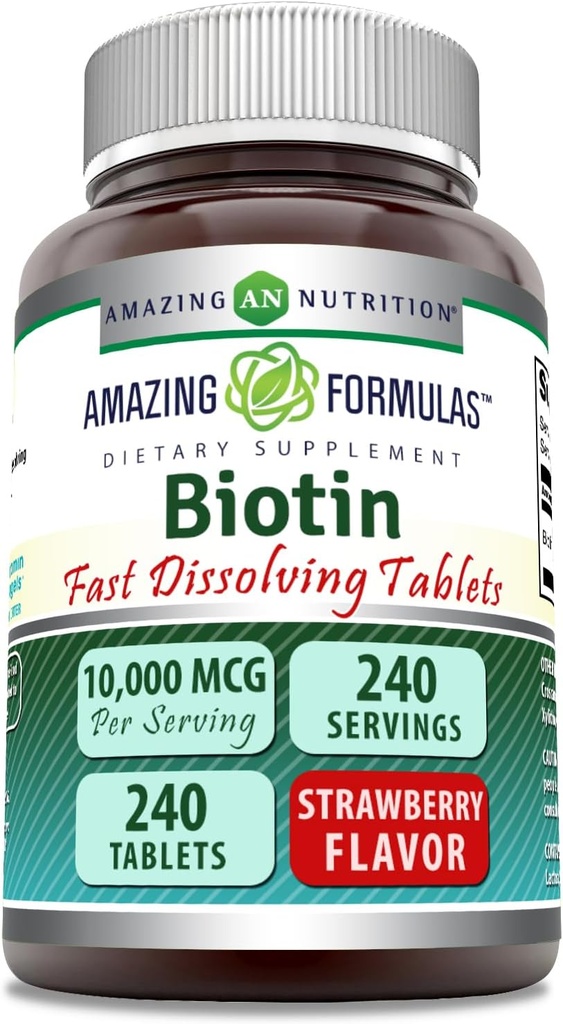 Formules étonnantes Biotine 10 000 Mcg, comprimés à dissolver rapidement, sans OGM Supplément sans gluten, fabriqué aux États-Unis (Strawberry, 240 comte)