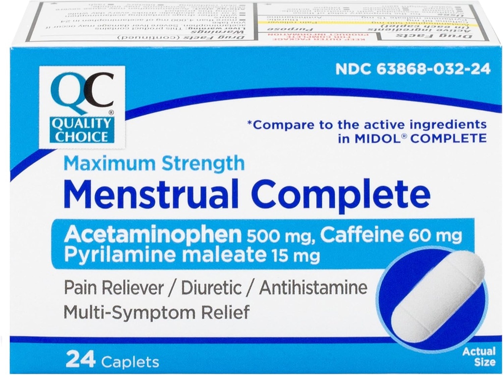 Choix de qualité Menstruel Complete Max Strength Period Pain Relief, 500 mg d'acétaminophène, 60 mg de caféine, 15 mg de maléate de pyrilamine, Crampes, Bloating, Céphalées.