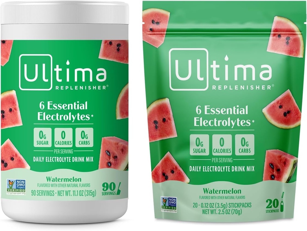 Ultima Replenisher Mélange de poudre d'électrolyte – sans sucre – pastèque, 90 boîtes de service et 20 sacs à bâton – 6 électrolytes et minéraux – Keto Friendly, Vegan, non-OGM