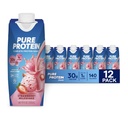 Pure Protein Strawberry Protein Shake, 30g Protéines complètes, prêtes à boire et amis kéto, vitamines A, C, D, et E plus zinc pour soutenir la santé immunitaire, bouteilles 11oz, 12 Pack