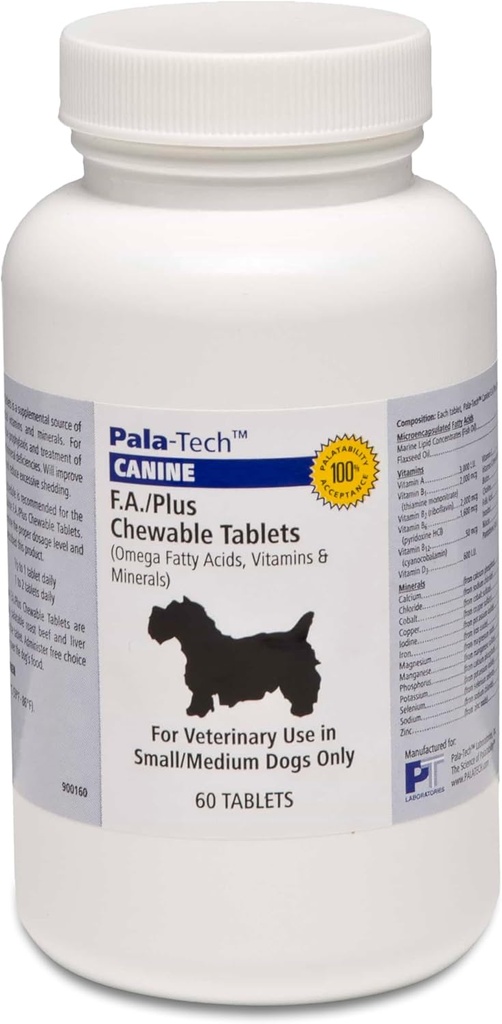 Pala-Tech FA Plus Chew Tabs for Small Dogs - Supports Skin, Coat & Allergy Relief - Dog Vitamins and Supplements with Omega-3 & 6 Fatty Acids - 60 Ct, Roast Beef Flavor