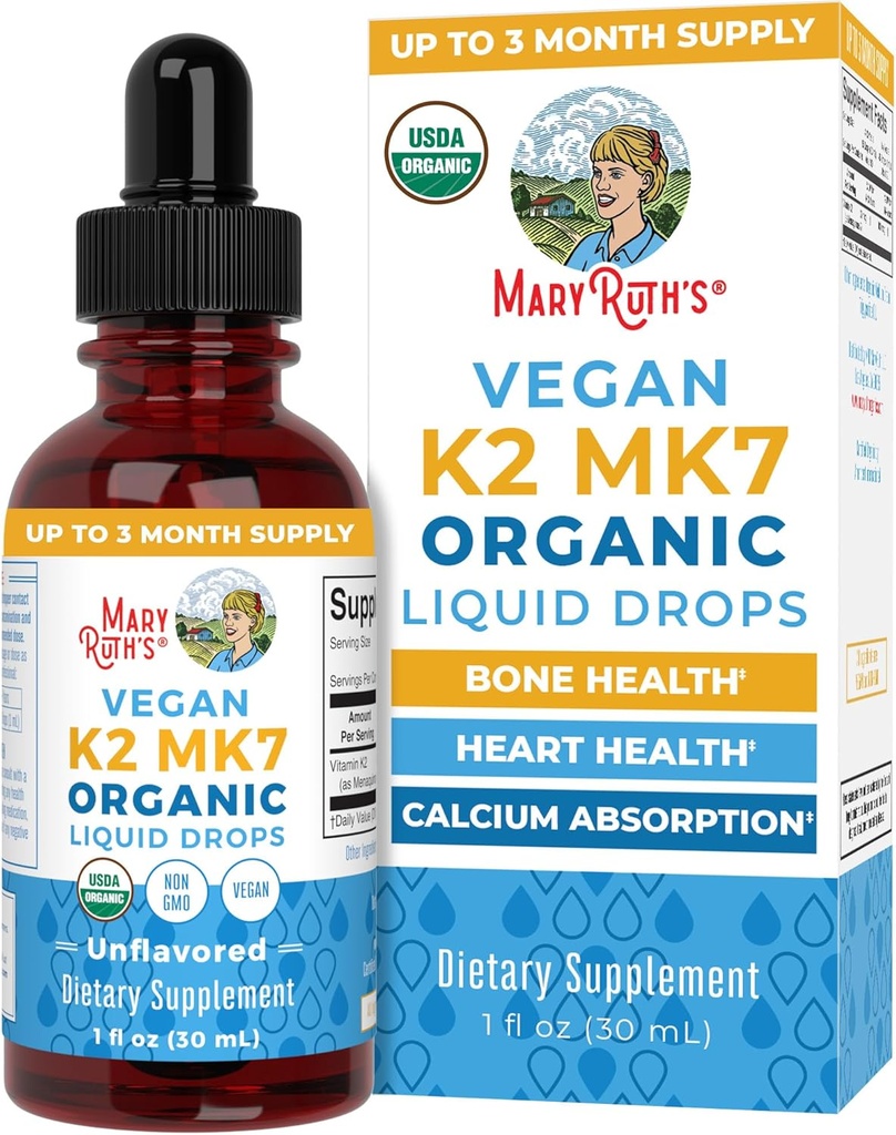 MaryRuth Organics USDA Vitamine biologique K2 MCT gouttes liquides pour les adultes et les enfants $ 100 mcg K2 MK7 par portion + Huile MCT biologique $ Vegan K2 Vitamine pour la santé des os $ Santé du coeur $ 1oz