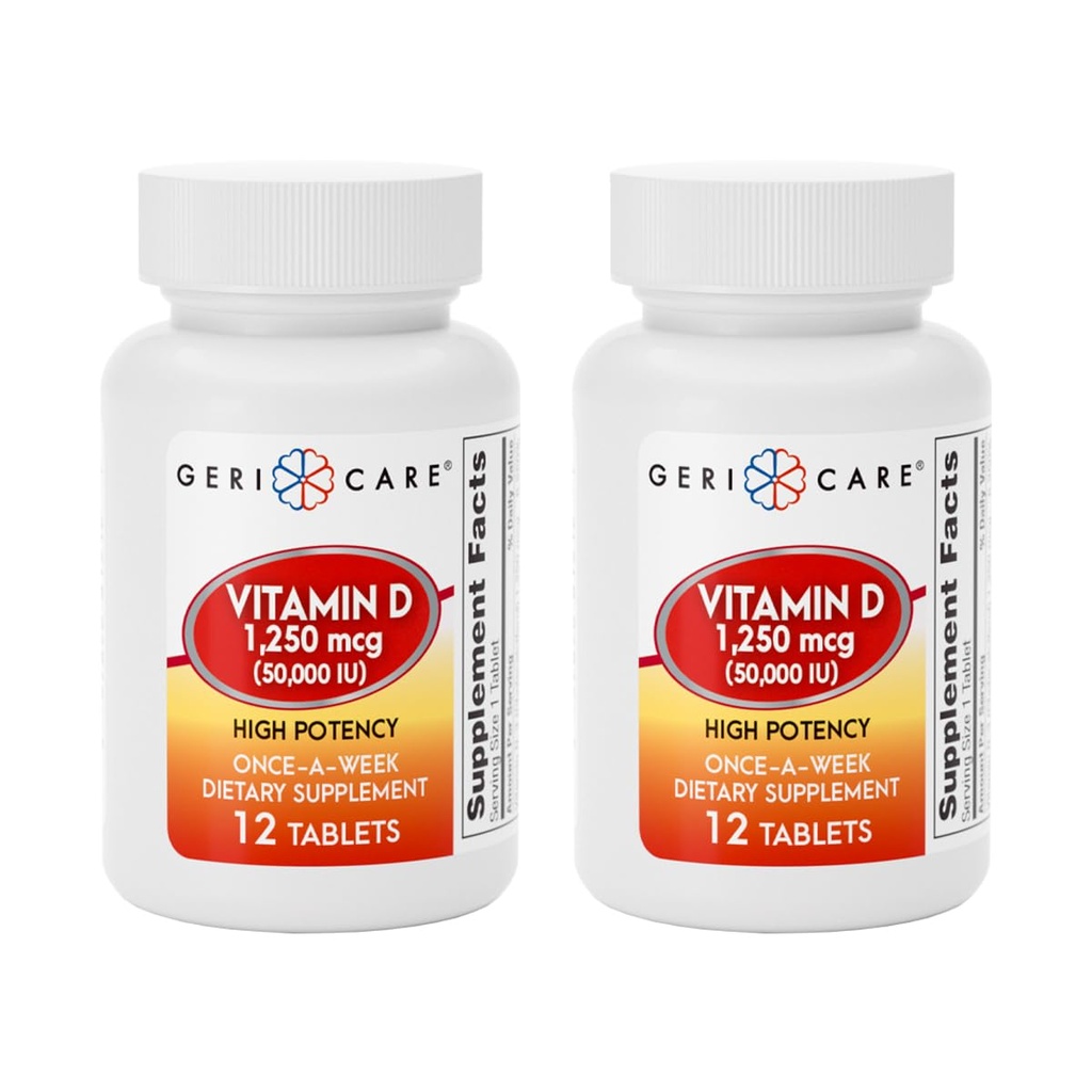 GeriCare Vitamine D 1 250mcg (50 000 UI) Haute puissance, soutient la densité osseuse, la santé musculaire, la fonction immunitaire et l'absorption de calcium, supplément alimentaire une fois par semaine, 12 comtes (paquet de 2)