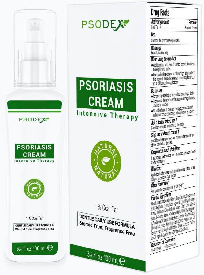 PSODEX Psoriasis Cream – 3.4fl oz Topical Psoriasis Treatment with Coal Tar, Salicylic Acid, Tea Tree Oil, Aloe Vera – All-Natural Ingredients – Soothing and Moisturizing Coal Tar Psoriasis Cream