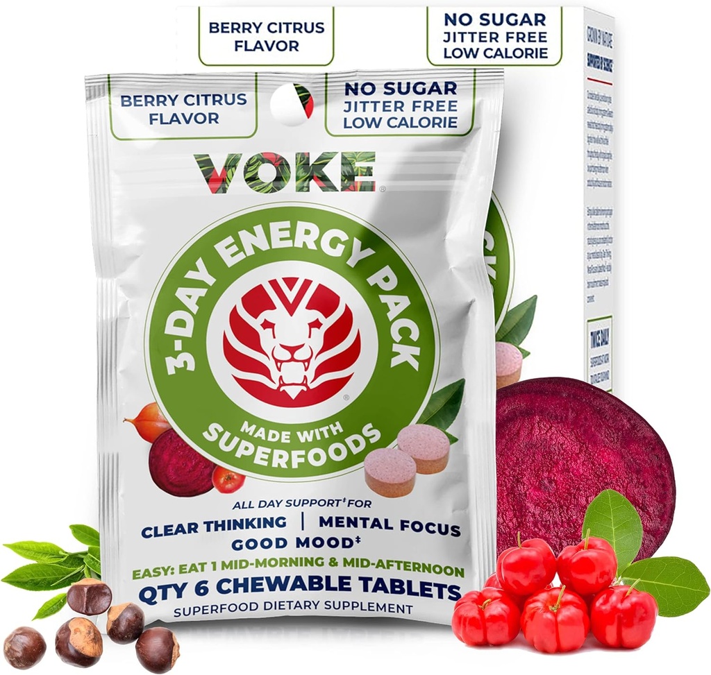 Comprimés d'énergie de Voke - Comprimés croustillants de pointe, Pocket Portable, Conditionnement refermable, Vitamine C, Soutient la concentration de mémoire de focale pensée claire et bonne humeur. 30 Compte (paquet de 5)