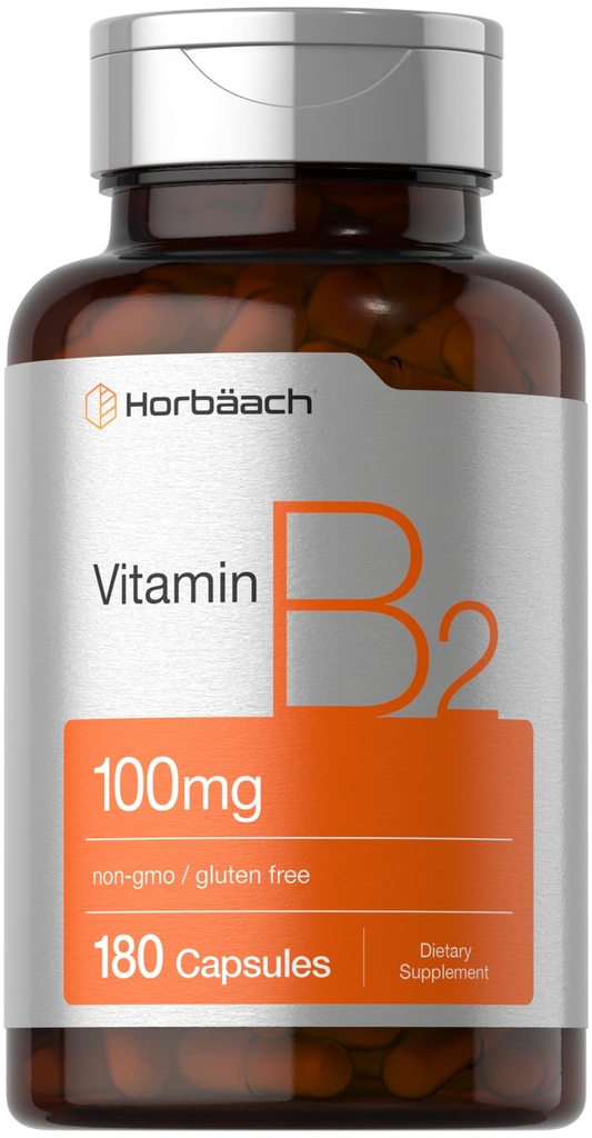 Horbäach Vitamine B2 100mg, 180 Capsules Supplément de Riboflavine, sans OGM et sans gluten