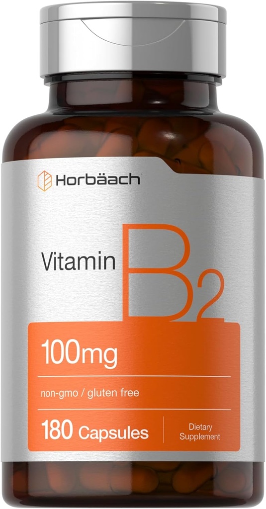 Horbäach Vitamine B2 100mg, 180 Capsules Supplément de Riboflavine, sans OGM et sans gluten