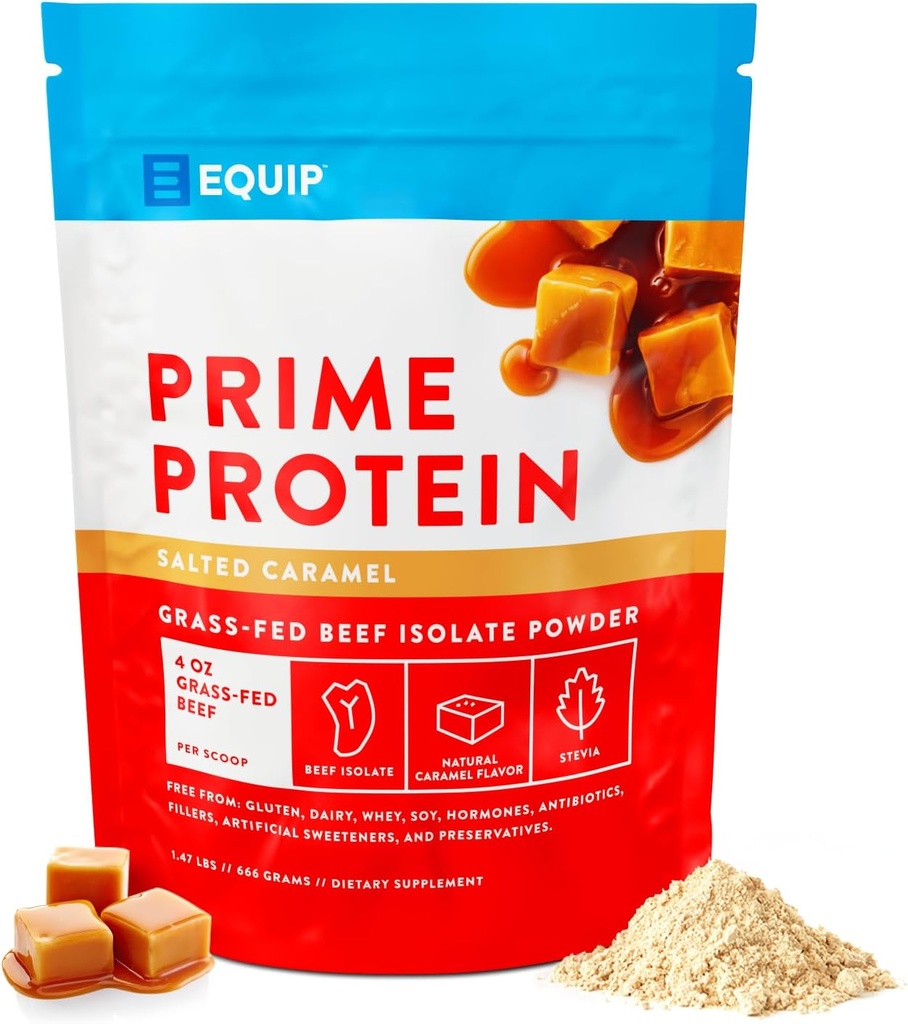 Equip Foods Prime Protein Powder (en poudre de protéines) Clean, Grass Fed Beef Protein Powder, Carnivore Protein Isolate (en poudre de protéines) Paléo, Keto Friendly, Gluten & Dairy Free, aide à construire et réparer des tissus (en poudre) 30 portions, caramel salé