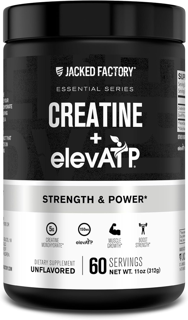 Creatine d'usine Jacked + ElevATP - Poudre monohydratée de créatine pour la croissance musculaire, la force accrue, la production d'énergie améliorée, avec ElevATP pour l'énergie durable et l'endurance - 60 portions, sans saveur