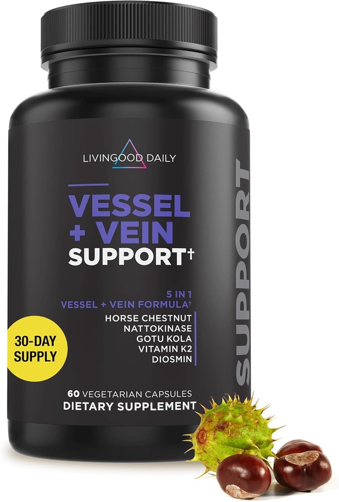Livingood Daily Vein Support, Circulation & Vein Support Supplément avec Diosmin, Cheval Chestnut, Nattokinase, Gotu Kola & Vitamine K2, formule de santé vasculaire et veinière, sans gluten, 60 capsules