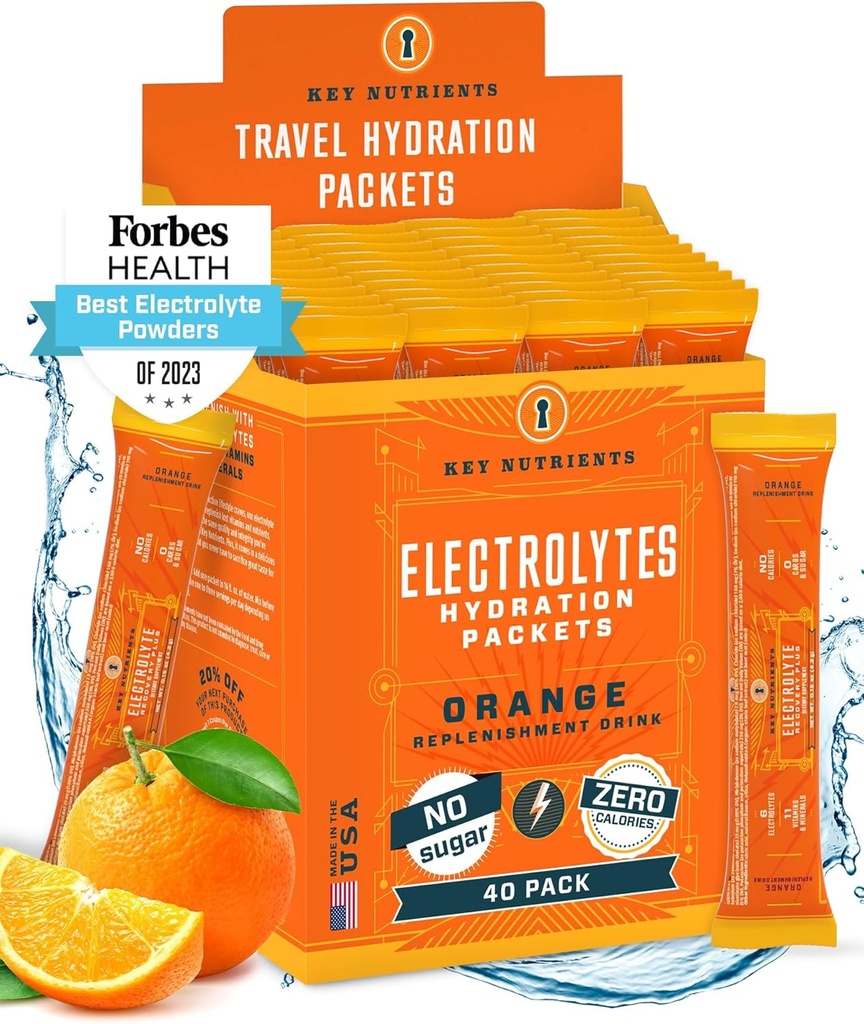 KEY NUTRIENTS Electrolytes Powder Packets - Tangy Orange 40 Pack Hydration Packets - Travel Hydration Powder - Made in USA - No Sugar, No Calories, Gluten Free