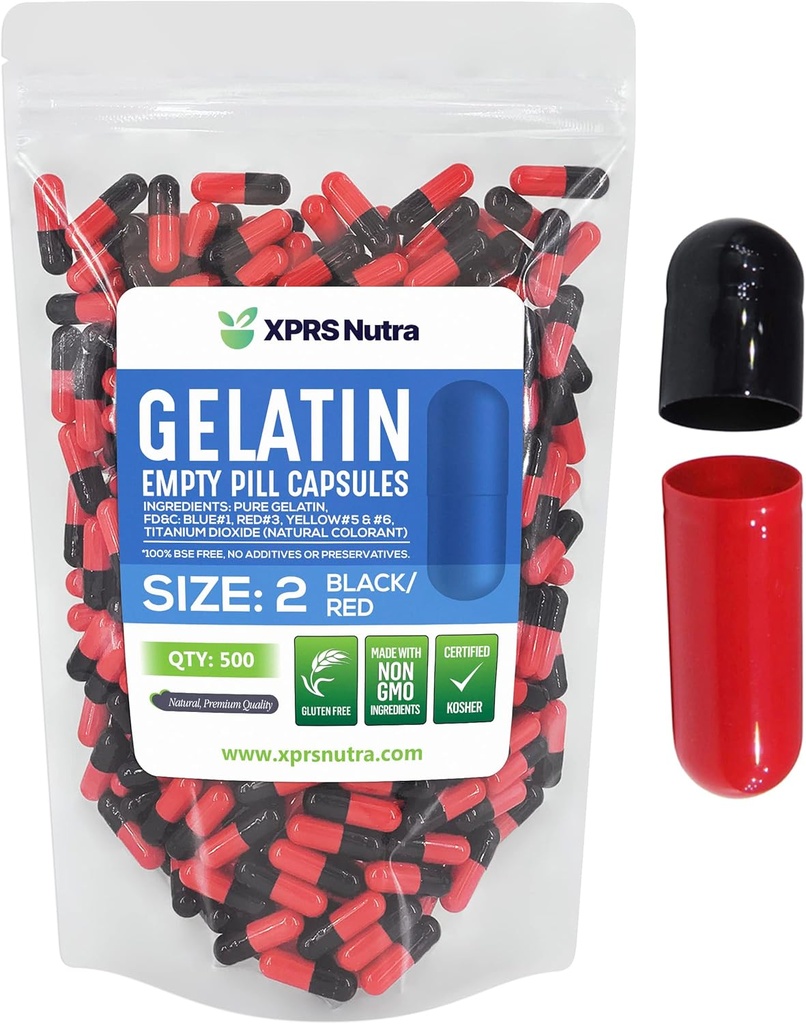 XPRS Nutra Size 2 Empty Capsules - 500 Count Empty Gelatin Capsules - Pills DIY Capsule Filling - Pure Bovine Pill Gel Caps for Do-It-Yourself Supplements (Black/Red)
