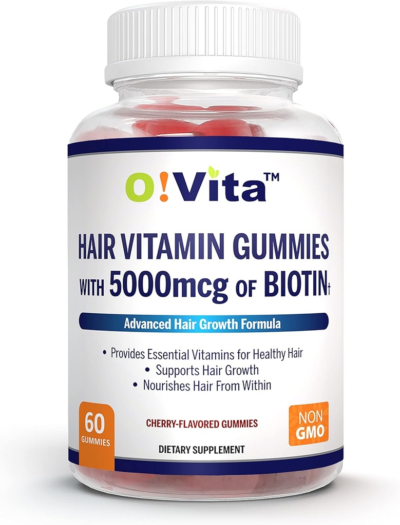 Gommies de vitamines capillaires avec 5000mcg de biotine, complément de cheveux fort et plus sain, favorise une croissance plus rapide des cheveux pour les femmes et les hommes (60 Gommies non OGM)