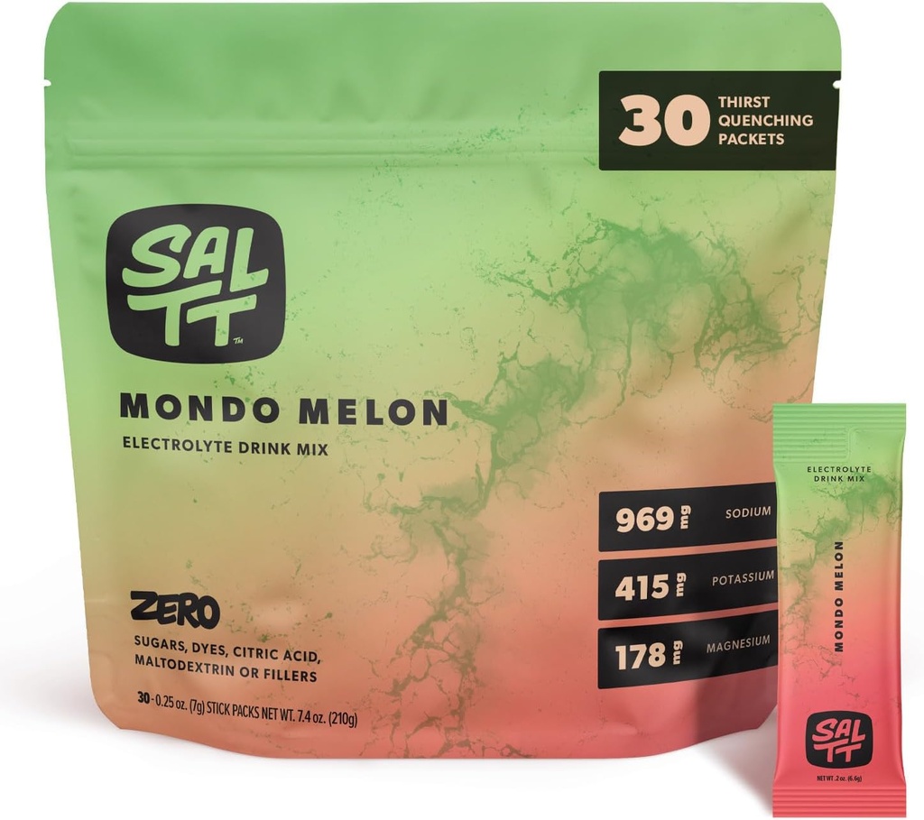 SALTT Electrolytes en poudre Mélange de boissons aromatisées - Mondo Melon - 30 paquets d'hydratation - Magnésium, potassium, sodium, minéraux traces - Zéro sucre et sans gluten - Essentiels de voyage