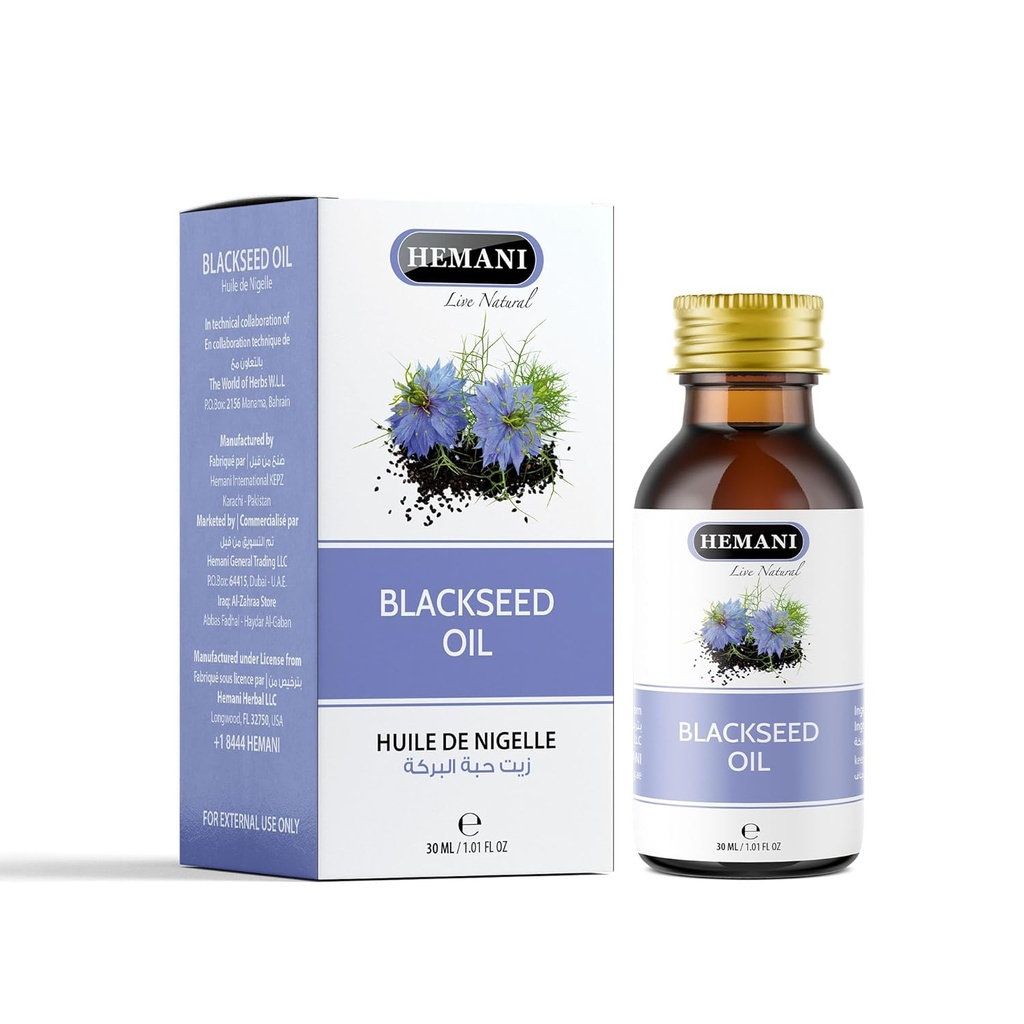 Hemani Black Seed Oil 30ml - Pure Premium Cold Pressed Nigella Sativa Black Cumin Oil pour la santé digestive, la fonction cérébrale, le système immunitaire. Source naturelle de thymoquinone