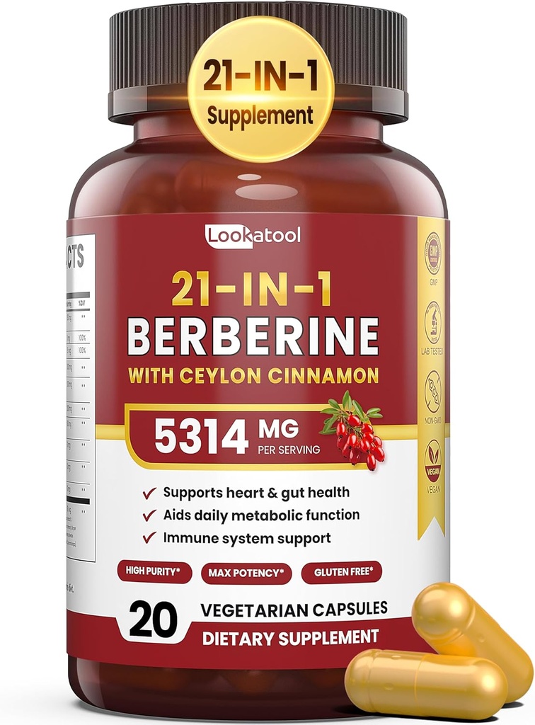 Supplément berbère 21-en-1 avec cannelle Ceylan - 1500mg Phytosome berbère biologique HCL, 5X Absorption supérieure pour le métabolisme Support 20 Capsules