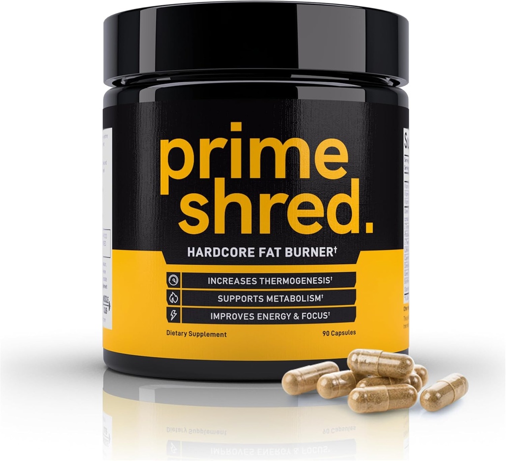 PrimeShred: Fat Burner pour les hommes, Suppresseur d'appétit naturel, Booster de métabolisme thermogénique d'entraînement et supplément énergétique, Gestion du poids avec thé vert, caféine L-Carnitine, végétalien et sans soja, 90 capsules