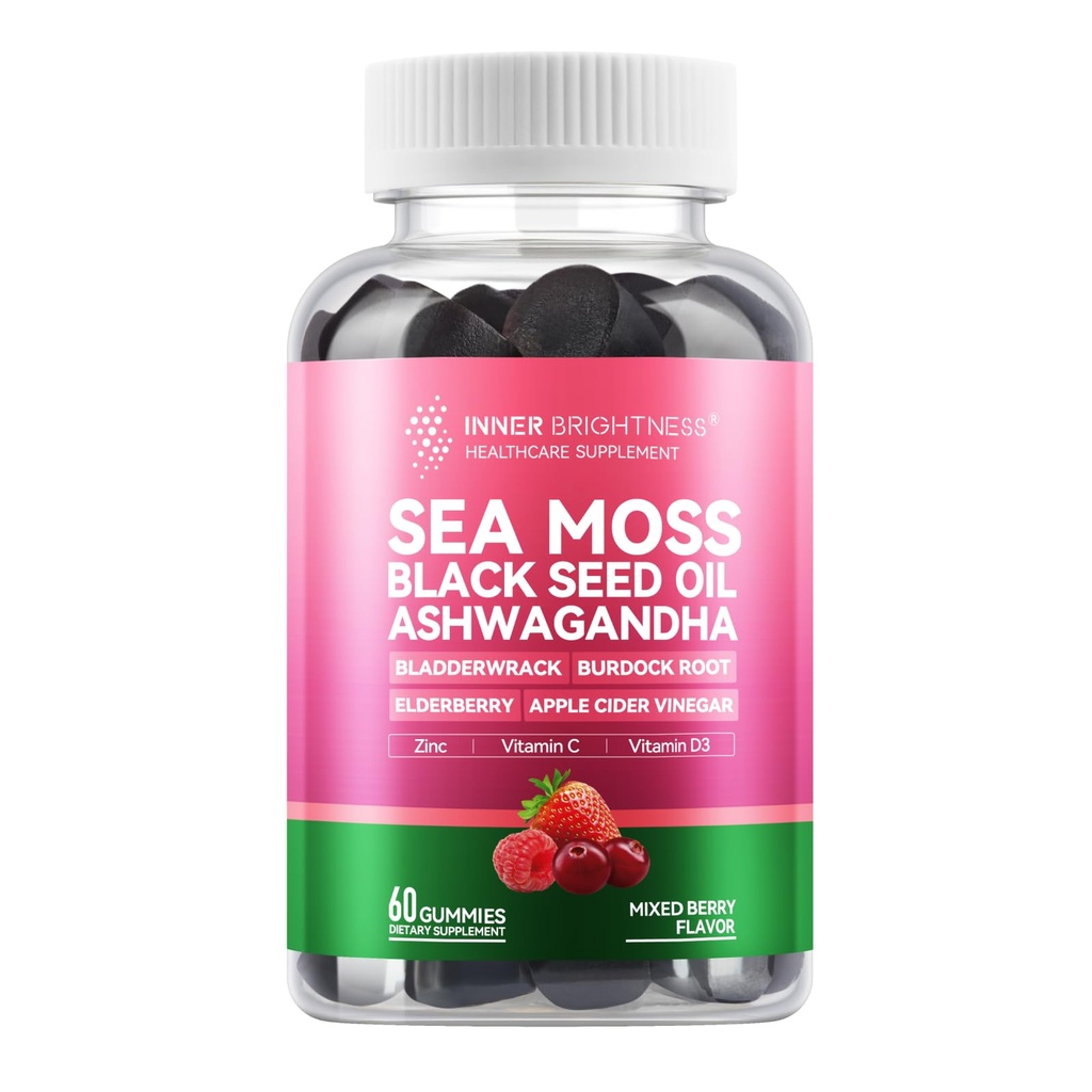 Mousse de mer 4000mg Gummies avec Ashwagandha, Elderberry, vinaigre de cidre de pomme, Bladderwrack, racine de Burdock – soutien immunitaire – mélange de baies parfumée – 60 comte