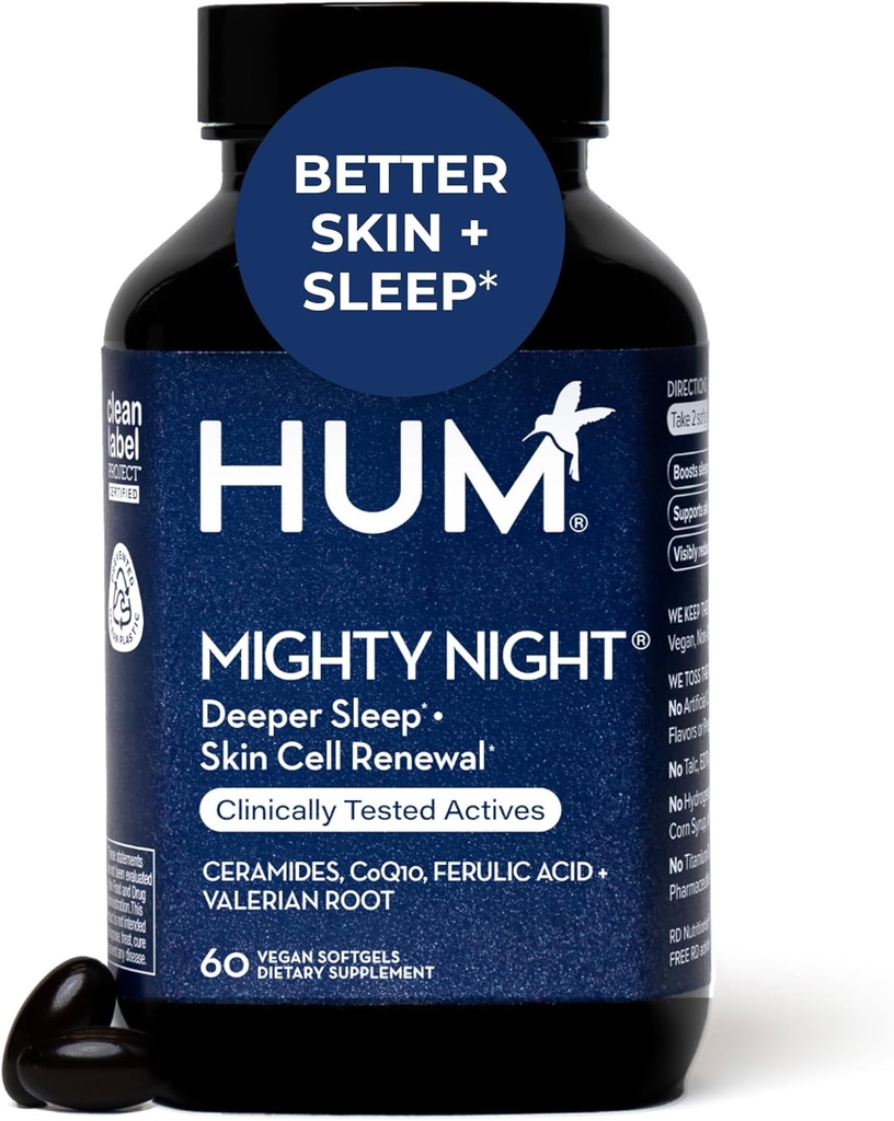 HUM Mighty Night Nighttime Sleep Supplement pour soins de la peau, CoQ10, la racine valériane et l'acide ferulique pour soutenir le chiffre d'affaires cellulaire, Vitamines de la peau pour les femmes et les hommes, Vitamines de beauté nocturne, 60 softgels végétaliens