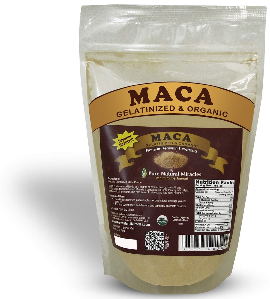 Poudre de racine de maca gélatinisée biologique (16 oz) - Superaliment Adaptogène péruvien pour l'énergie, l'équilibre hormonal et l'endurance - Booster à base de plantes non OGM, végétalien et sans gluten pour les hommes et les femmes