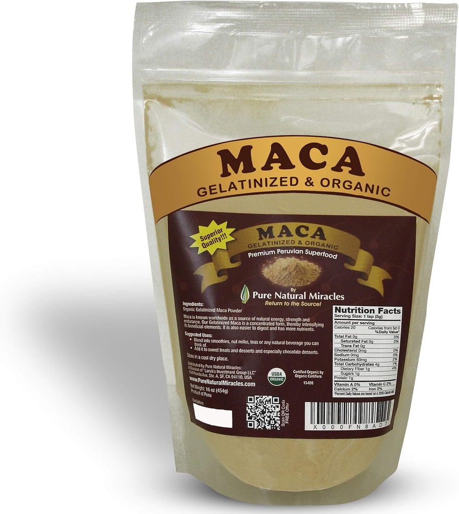 Poudre de racine de maca gélatinisée biologique (16 oz) - Superaliment Adaptogène péruvien pour l'énergie, l'équilibre hormonal et l'endurance - Booster à base de plantes non OGM, végétalien et sans gluten pour les hommes et les femmes