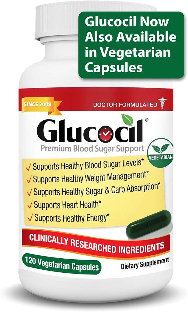 Glucocil – Nouveau - Capsules végétariennes - Soutien de sucre de sang Premium - Supports Les 3 essentiels pour un sucre de sang sain - avec la berbère, la feuille de mûre propriétaire, et plus
